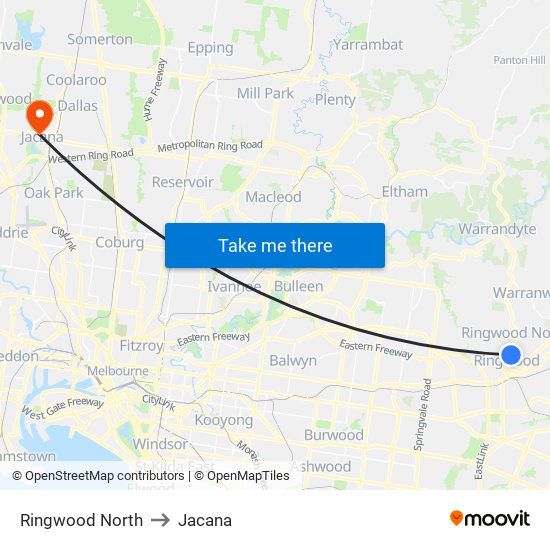 Ringwood North to Jacana map
