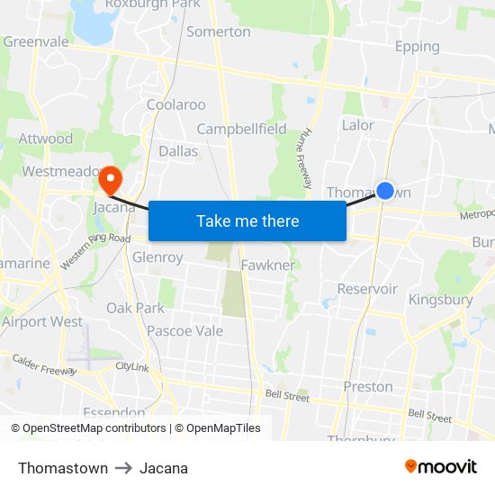 Thomastown to Jacana map