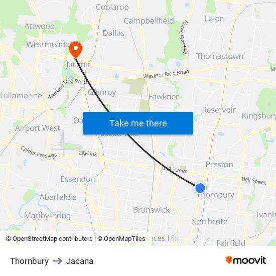 Thornbury to Jacana map