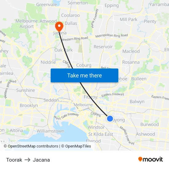 Toorak to Jacana map