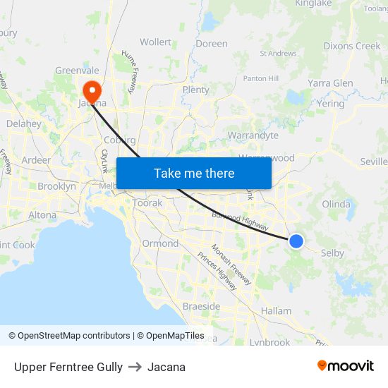 Upper Ferntree Gully to Jacana map