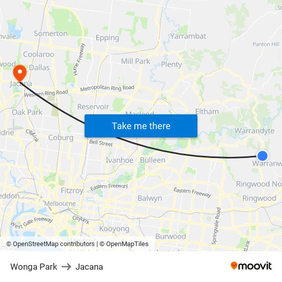 Wonga Park to Jacana map