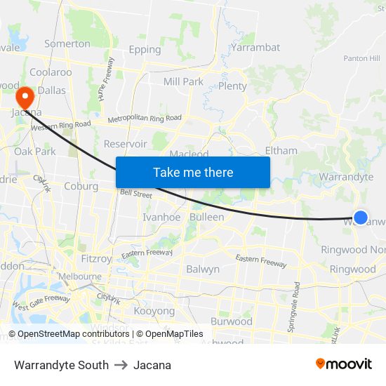 Warrandyte South to Jacana map