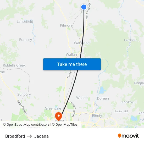 Broadford to Jacana map