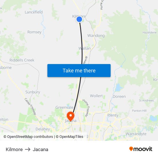 Kilmore to Jacana map