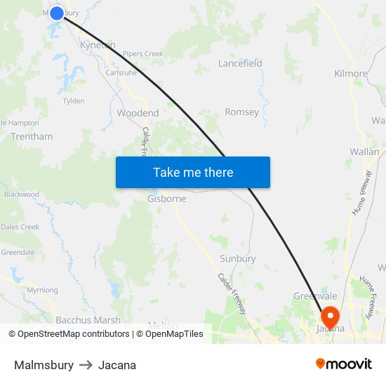 Malmsbury to Jacana map