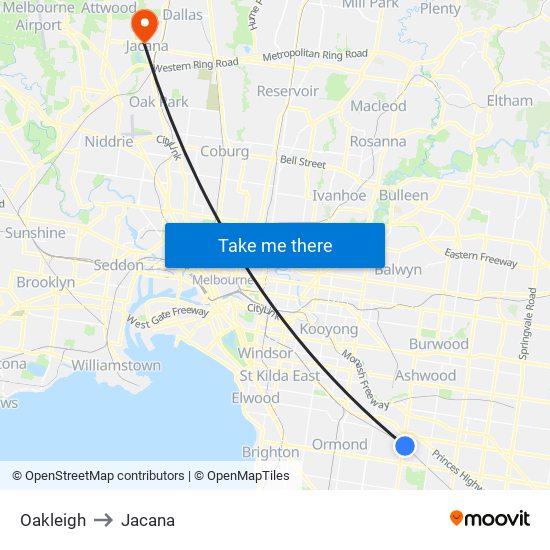 Oakleigh to Jacana map