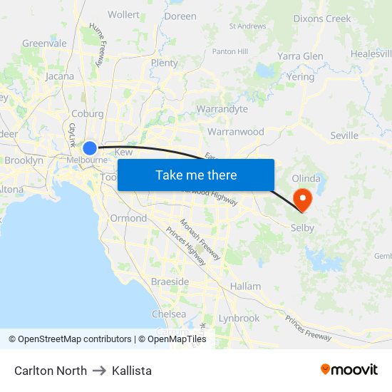 Carlton North to Kallista map