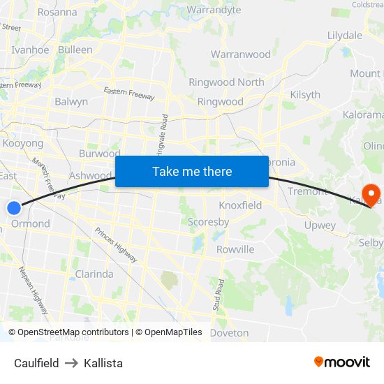 Caulfield to Kallista map