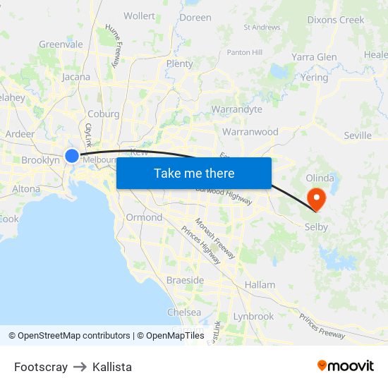 Footscray to Kallista map