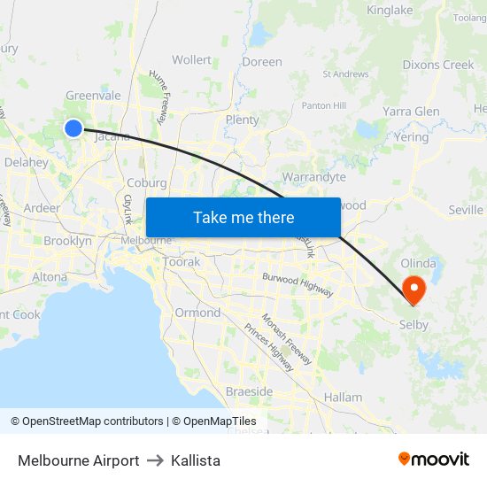 Melbourne Airport to Kallista map