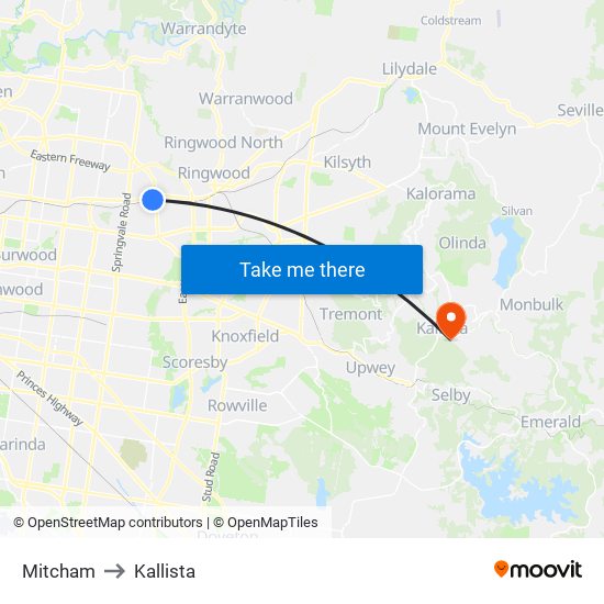 Mitcham to Kallista map