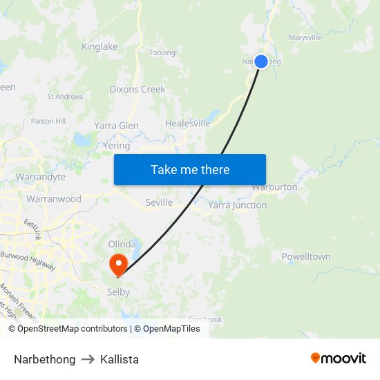 Narbethong to Kallista map