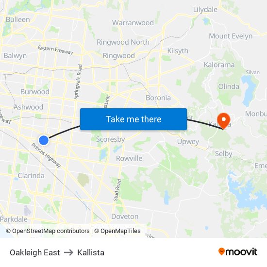 Oakleigh East to Kallista map