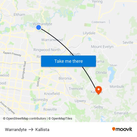 Warrandyte to Kallista map