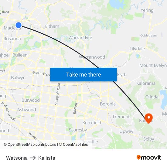 Watsonia to Kallista map