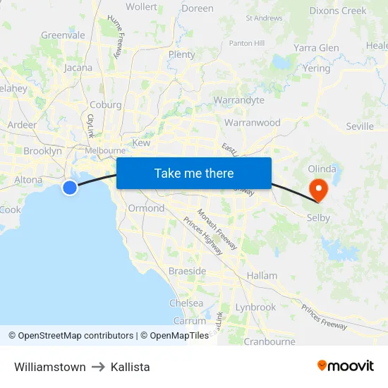 Williamstown to Kallista map