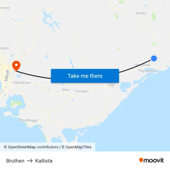 Bruthen to Kallista map