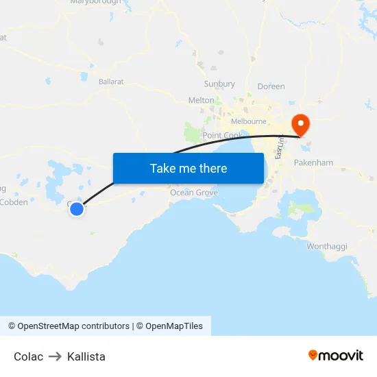 Colac to Kallista map