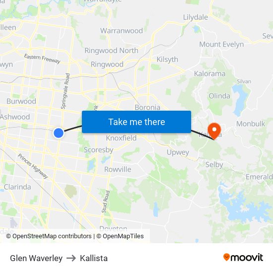 Glen Waverley to Kallista map