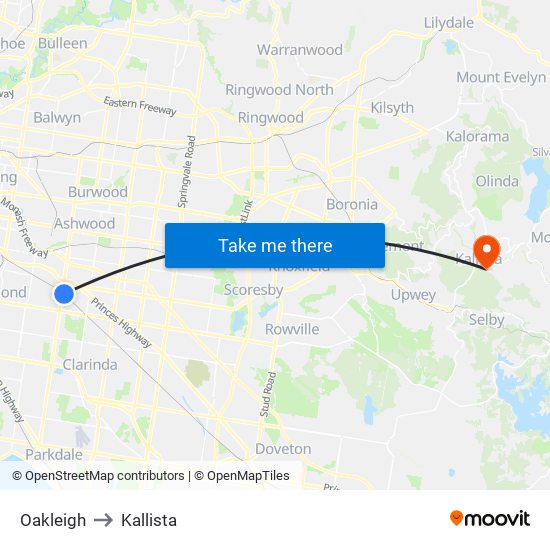 Oakleigh to Kallista map