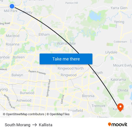 South Morang to Kallista map