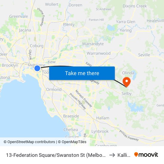 13-Federation Square/Swanston St (Melbourne City) to Kallista map