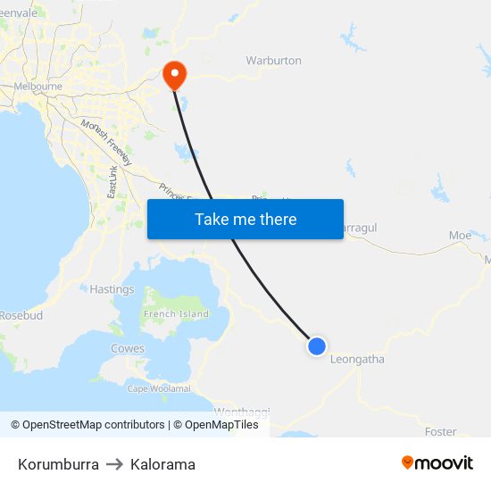 Korumburra to Kalorama map