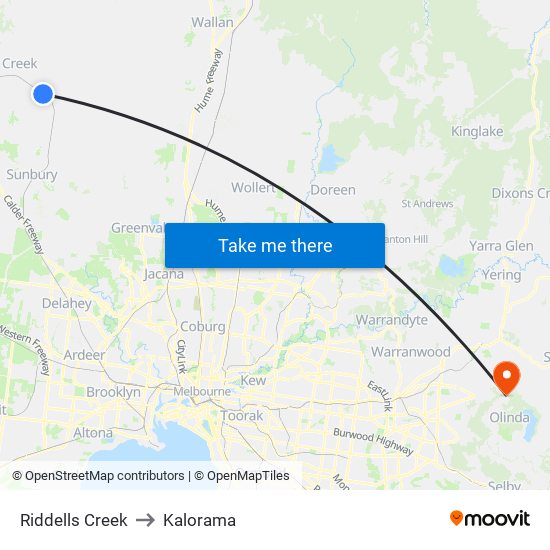 Riddells Creek to Kalorama map