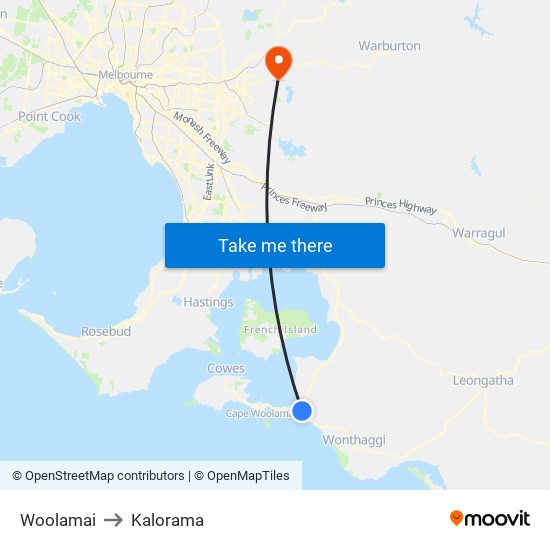 Woolamai to Kalorama map