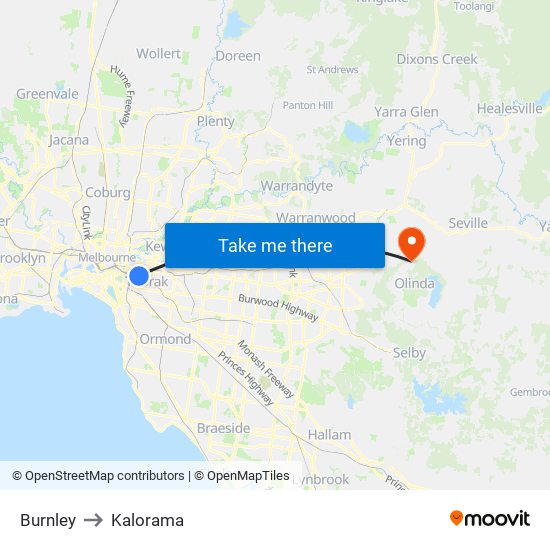 Burnley to Kalorama map