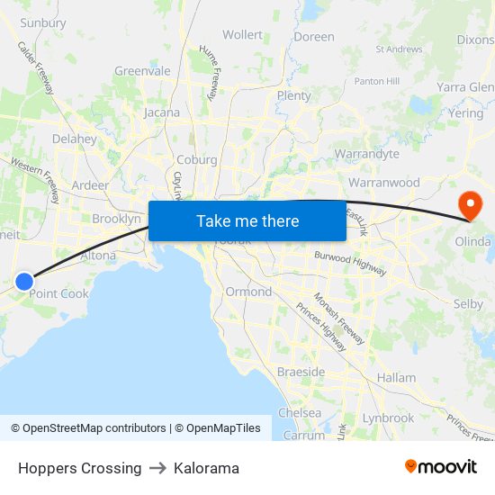 Hoppers Crossing to Kalorama map