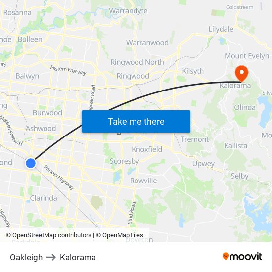 Oakleigh to Kalorama map