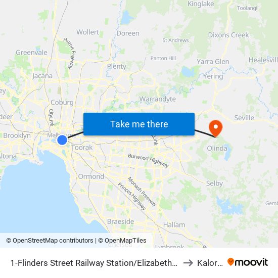 1-Flinders Street Railway Station/Elizabeth St (Melbourne City) to Kalorama map