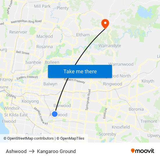 Ashwood to Kangaroo Ground map