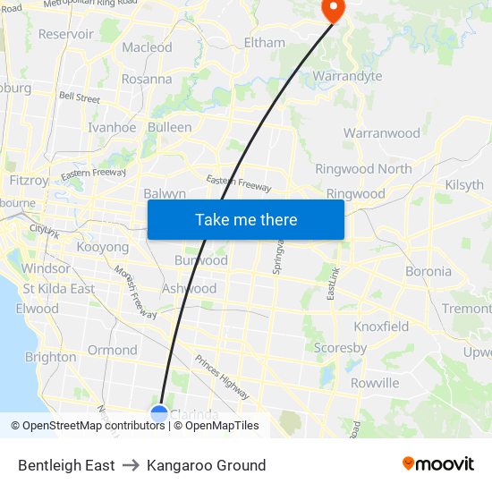 Bentleigh East to Kangaroo Ground map