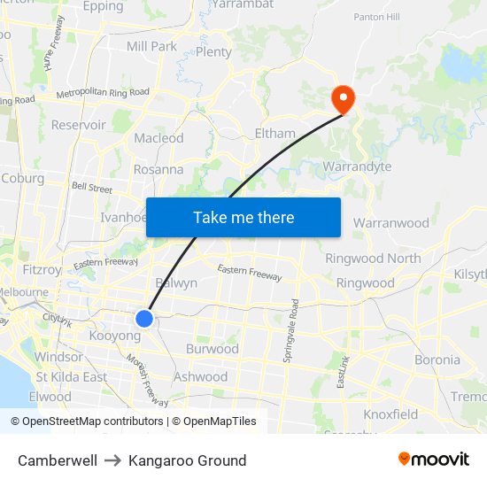 Camberwell to Kangaroo Ground map