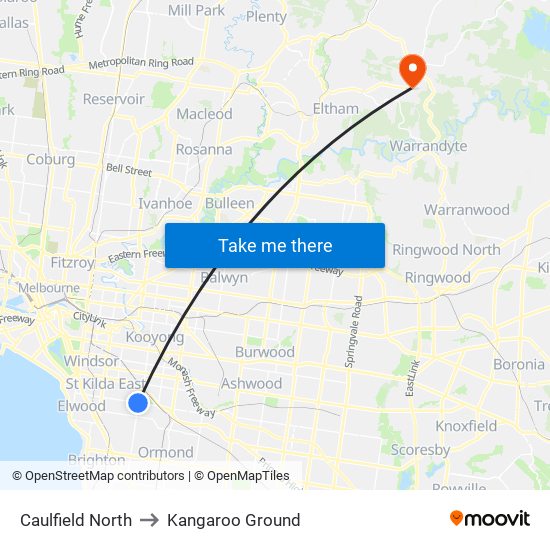 Caulfield North to Kangaroo Ground map