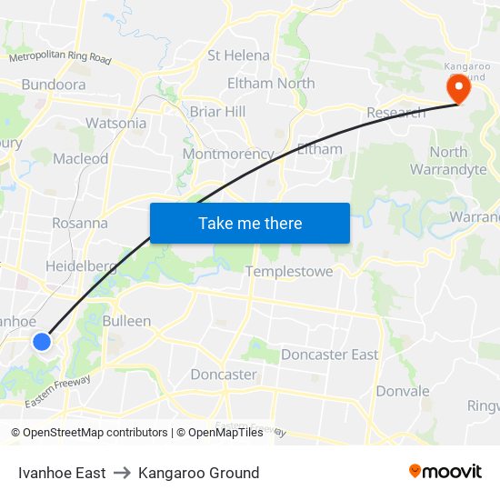 Ivanhoe East to Kangaroo Ground map