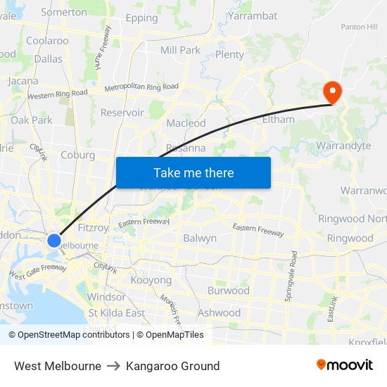 West Melbourne to Kangaroo Ground map