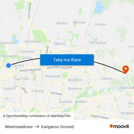 Westmeadows to Kangaroo Ground map