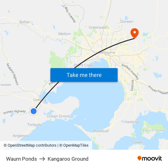 Waurn Ponds to Kangaroo Ground map