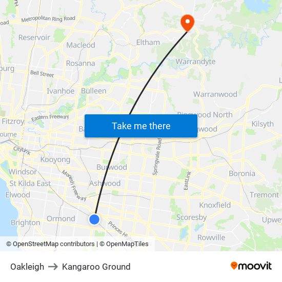 Oakleigh to Kangaroo Ground map