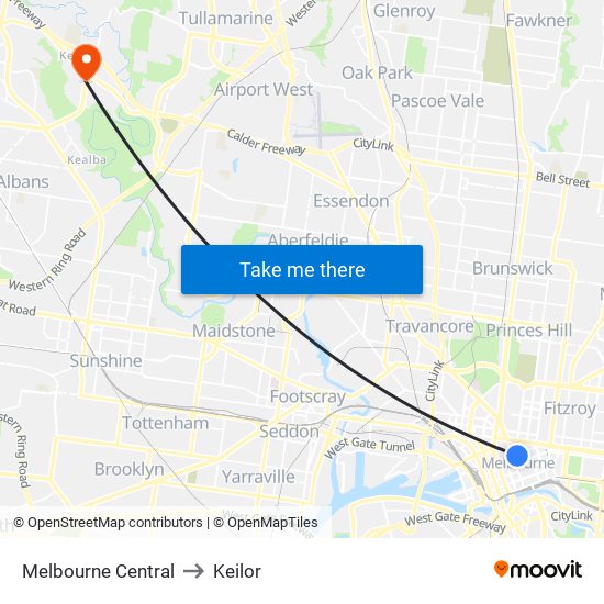 Melbourne Central to Keilor map