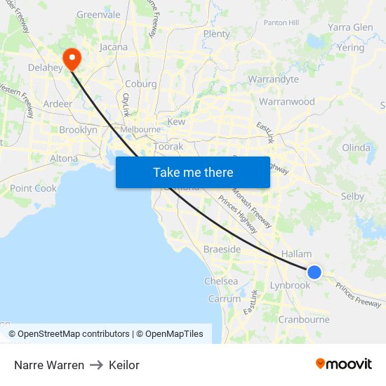 Narre Warren to Keilor map