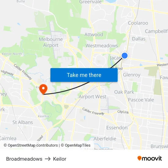 Broadmeadows to Keilor map