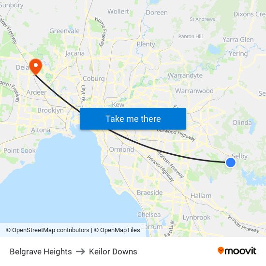 Belgrave Heights to Keilor Downs map