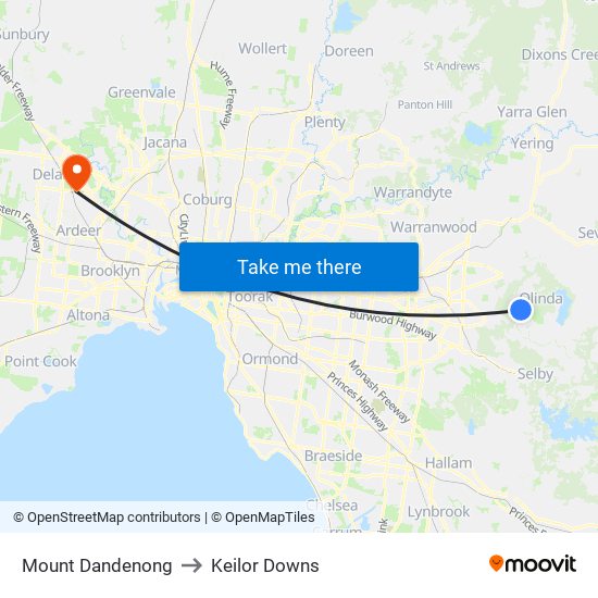 Mount Dandenong to Keilor Downs map