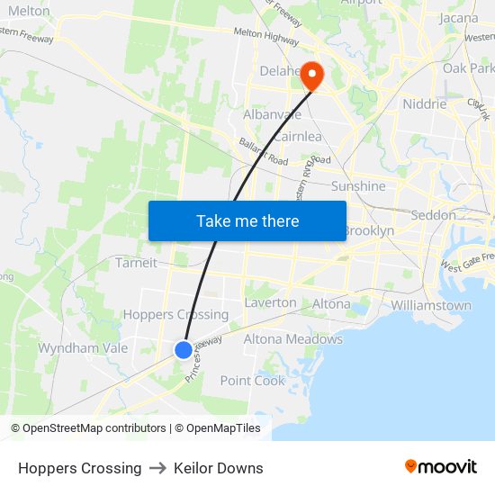 Hoppers Crossing to Keilor Downs map