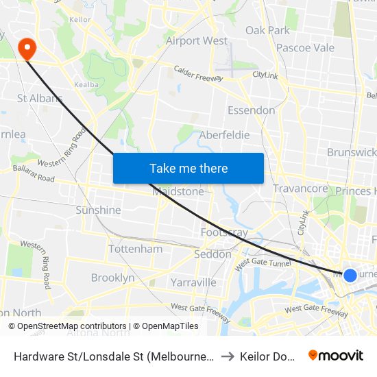 Hardware St/Lonsdale St (Melbourne City) to Keilor Downs map